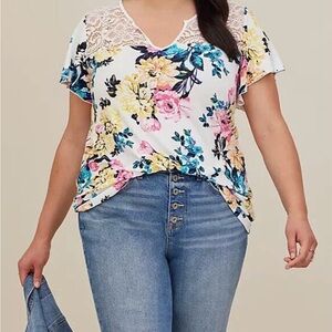 Torrid Jersey Slub Lace Yoke Flutter Sleeve Top Floral White